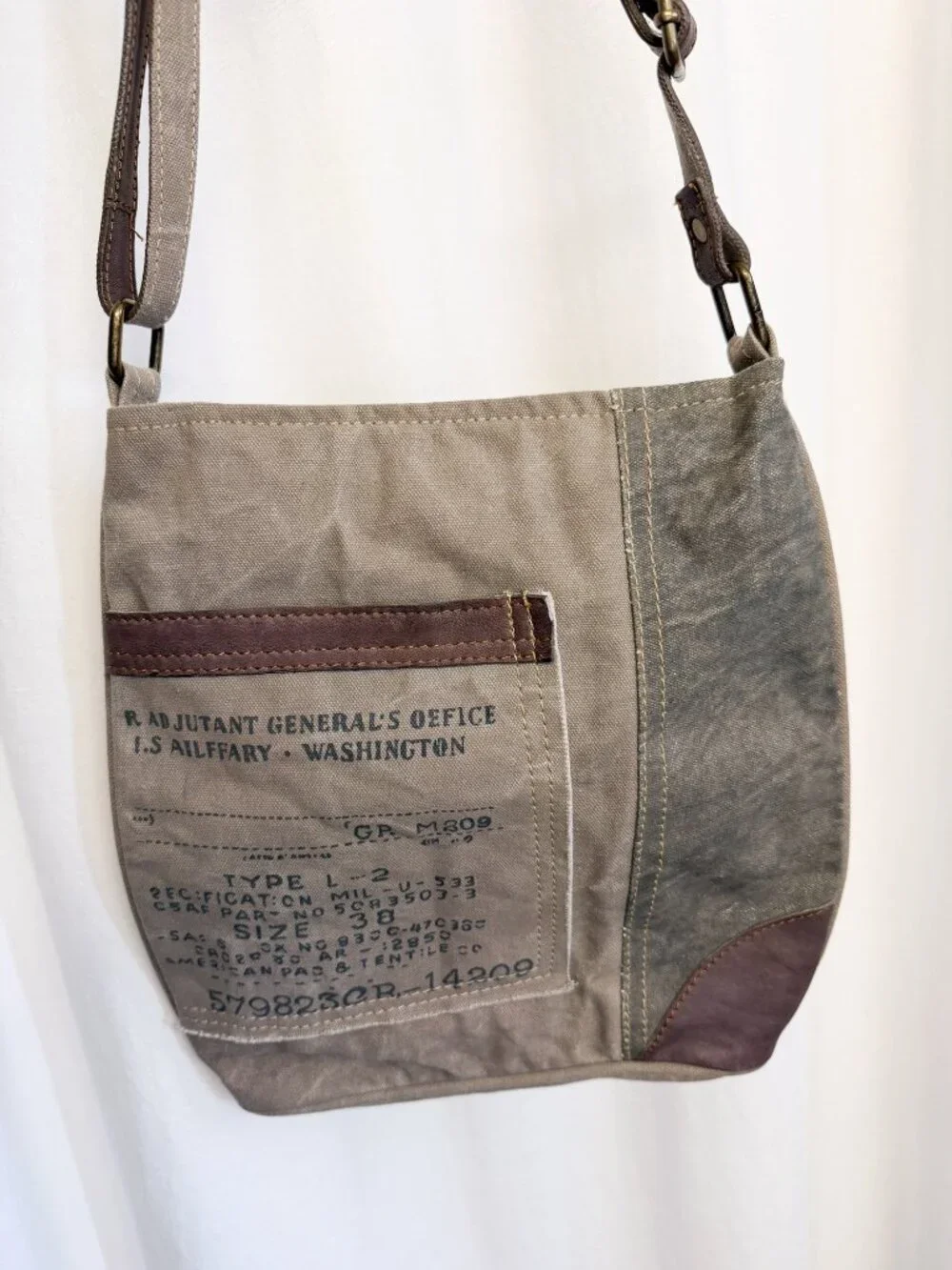 Mona B “Identified” Upcycled Canvas Crossbody Bag Vegan Leather Distressed - Picture 5 of 10